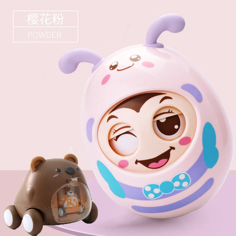 ZK30 Baby Tumbler Rattles Toys Cartoon Mobile Bee Bell Blink Eyes Tumbler Roly-poly Silicone Ear Teether Toys for Newborns Gifts