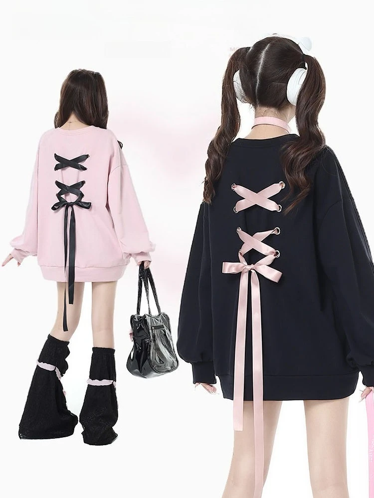 

Harajuku Y2k с галстуком-бабочкой и круглым вырезом, женская осенняя свободная толстовка в американском стиле ретро с длинными рукавами, эстетичный женский трикотаж, шикарный