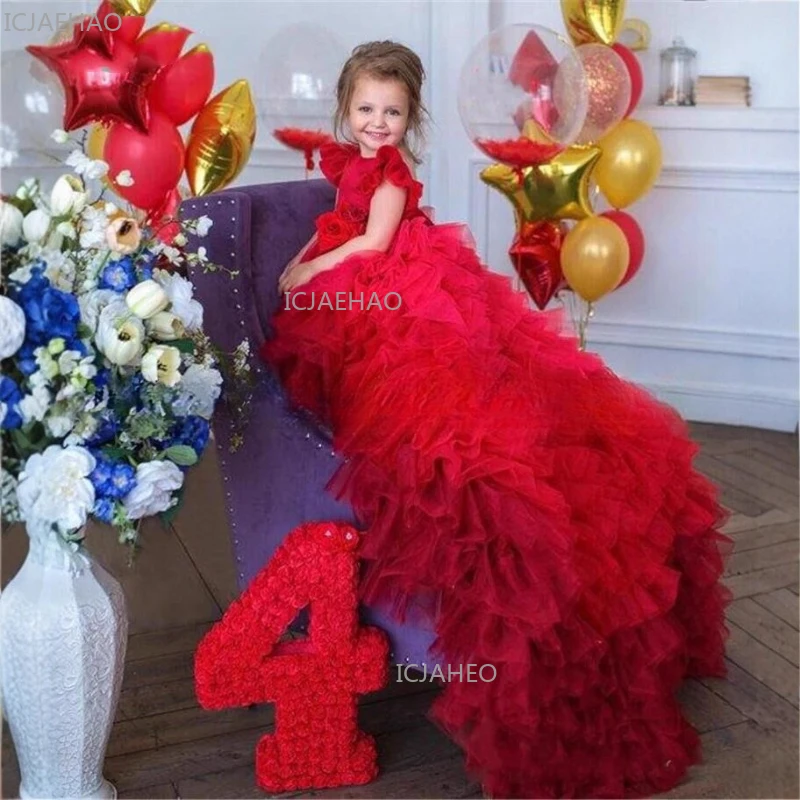 Red Girls Princess Tulle Dress Children Model Pageant Piano Performance Gown Party Formal Celebration Outfit Birthday Costume