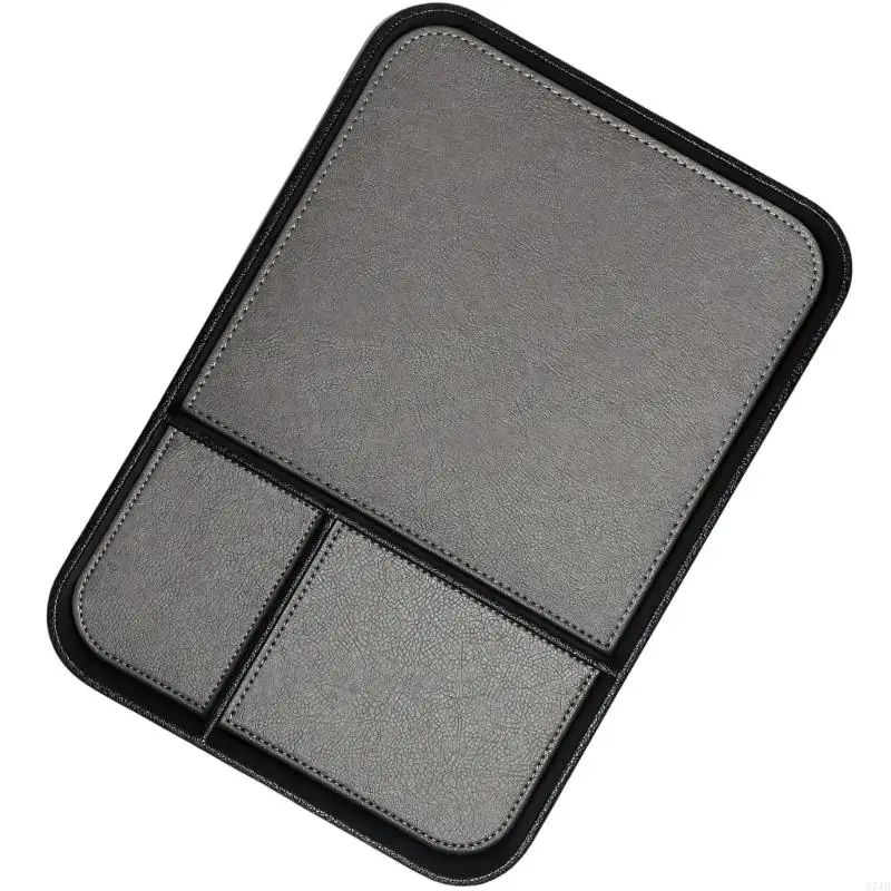 Valet Tray with 3 Compartments and Synthetic Leather Panels, Raised Storage for Personal Items on a Desktop