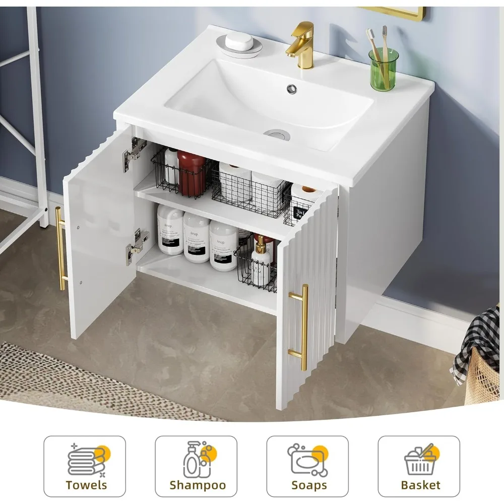 Small Bathroom Vanity with Sink Combo Set, Wall Mounted Cabinet with Ceramic Sink, Modern Floating Bathroom Cabinet