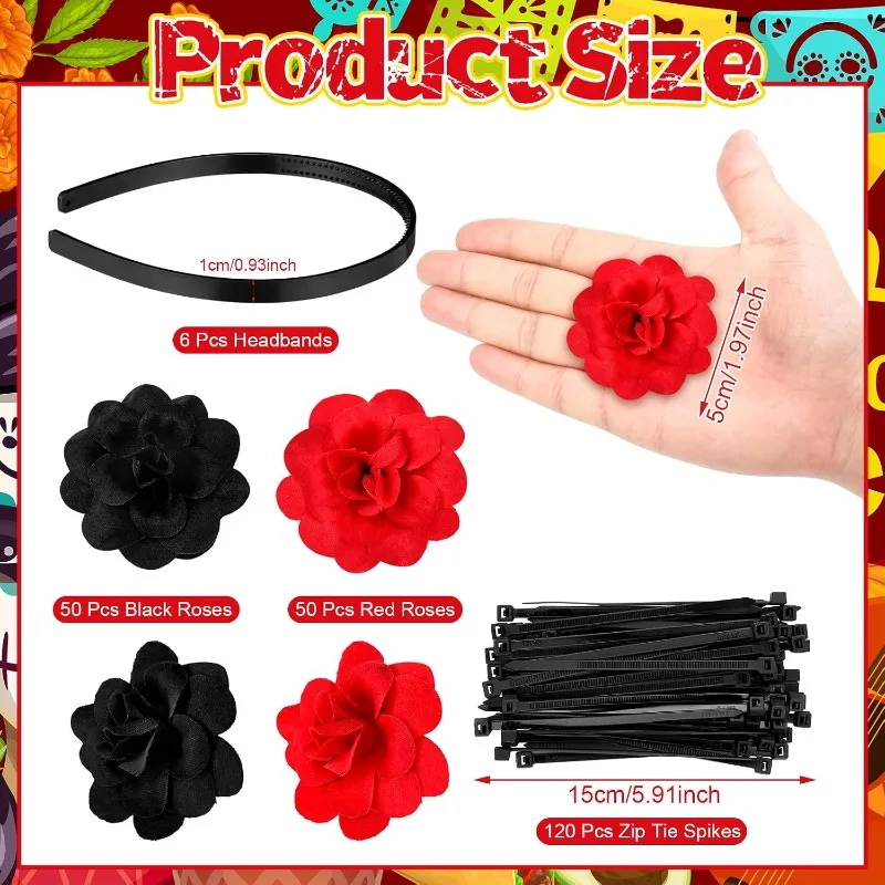 224 Pcs Day of the Dead Headpiece Rose Flower Crown Headband Cosplay for Party Marigold DIY Headpiece Set Halloween Headdress