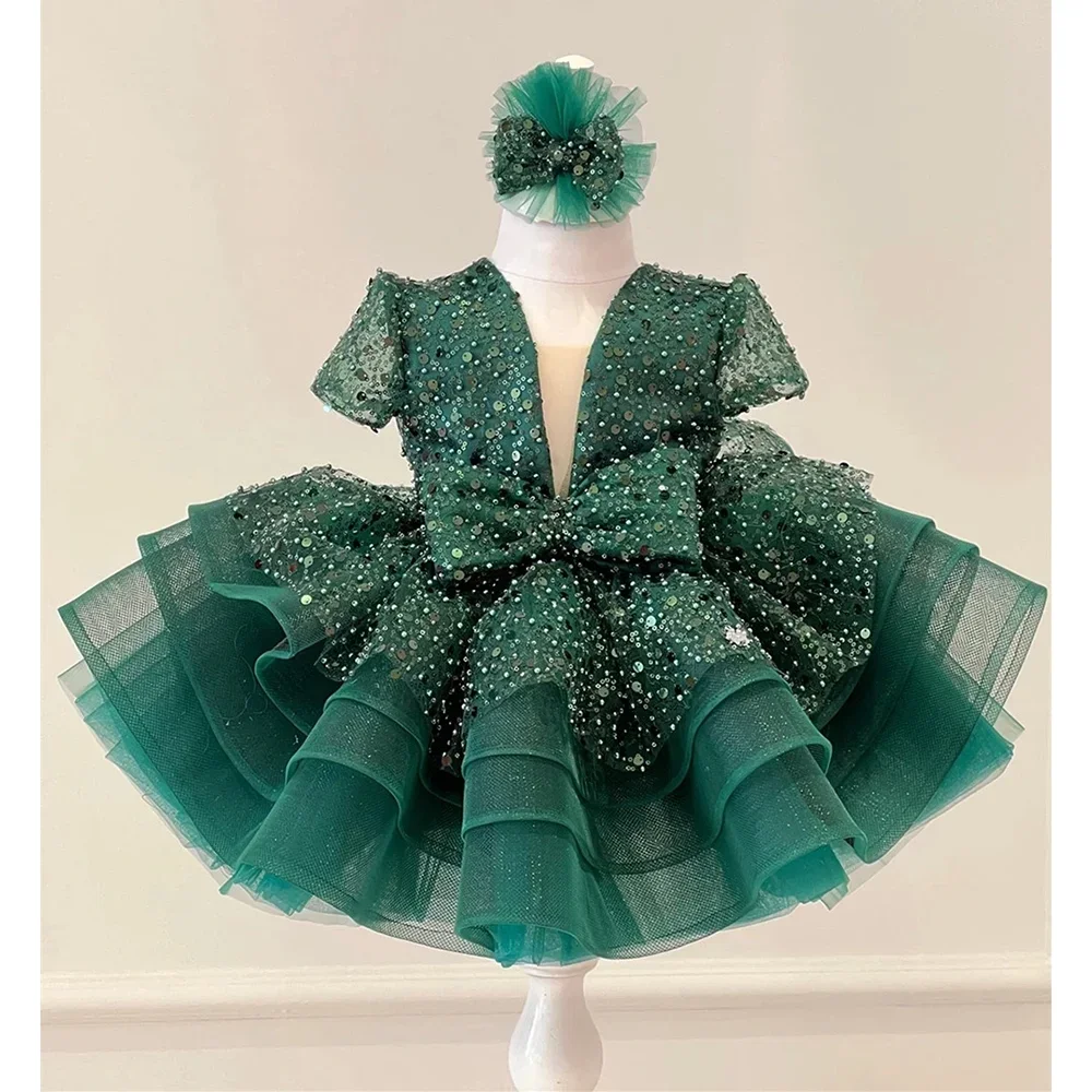 Mini abiti da ragazza con paillettes lucide Moda scollo a V maniche lunghe pieghe increspate abiti da ballo corti abiti da spettacolo per feste casual per bambini