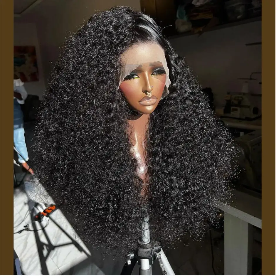 

Soft Natural Black 26Inch Long 180 Density Glueless Preplucked Kinky Curly Lace Front Wig For Women With BabyHair Daily Cosplay