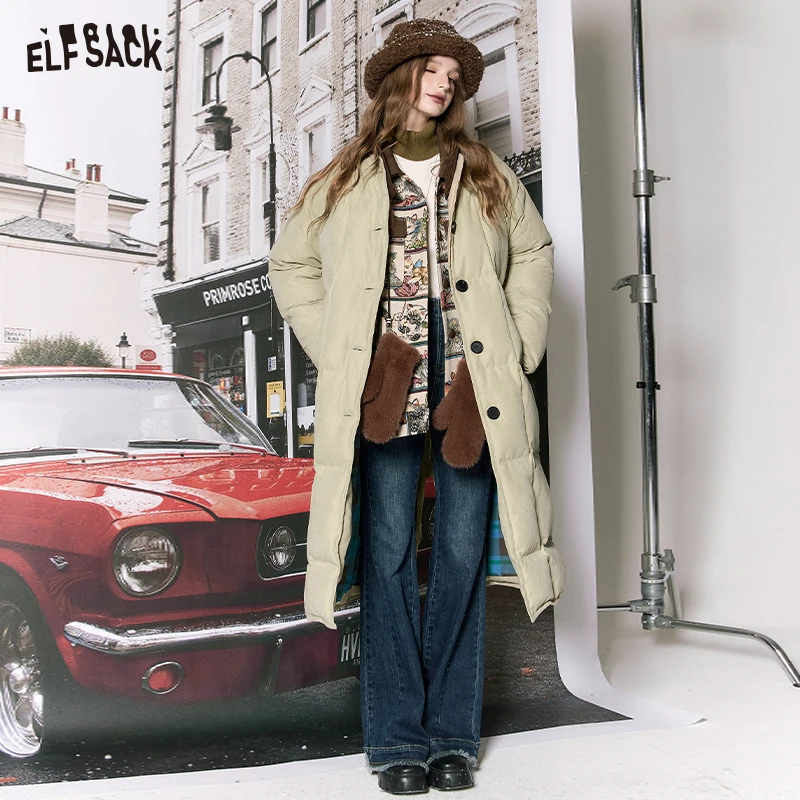 ELFSACK 2000s Retro Down Coats Women 2023 Winter New Korean Fashion Designer Long Outwears