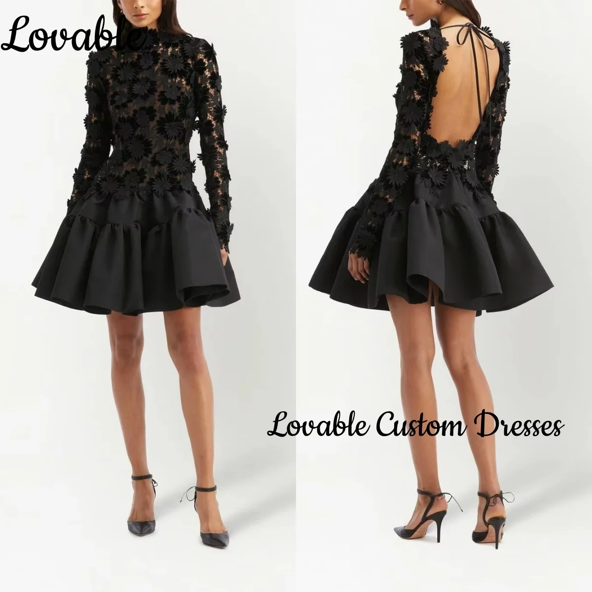 맞춤형 프롬 드레스 하이넥 긴팔 프롬 드레스 A라인 3D 레이스 홈커밍 드레스 블랙 파티 이브닝 드레스 오픈백