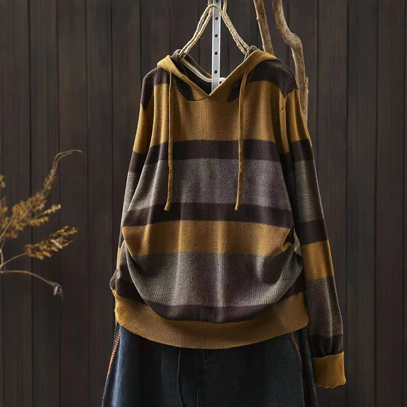 

Women Knitted Hooded Pullovers New Arrival 2025 Autumn Simple Style Vintage Striped Female Long Sleeve Casual Sweaters M2119