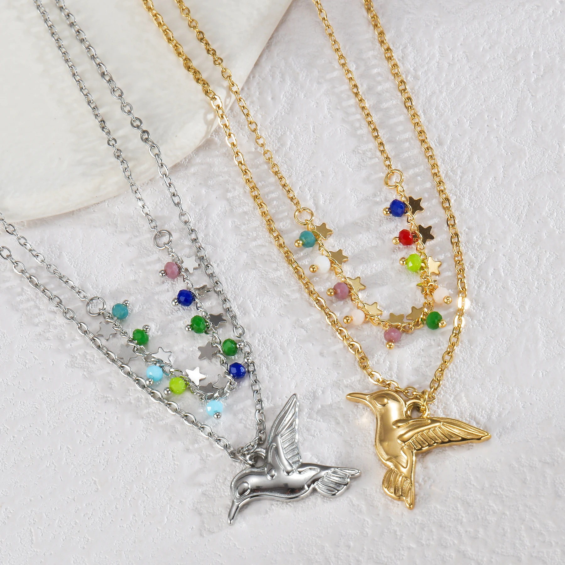 Nextvance Fashion Double Layer Necklace Bird Charms Color Beads For Women Stainless Steel Choker Birthday Jewelry Gifts