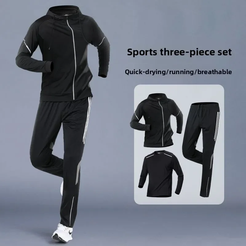 Men's 3-Piece Quick-Dry Tracksuit Set Running Workout Gym Training Jogging Suit with Jacket Hoodie and Pants for Cycling Sports