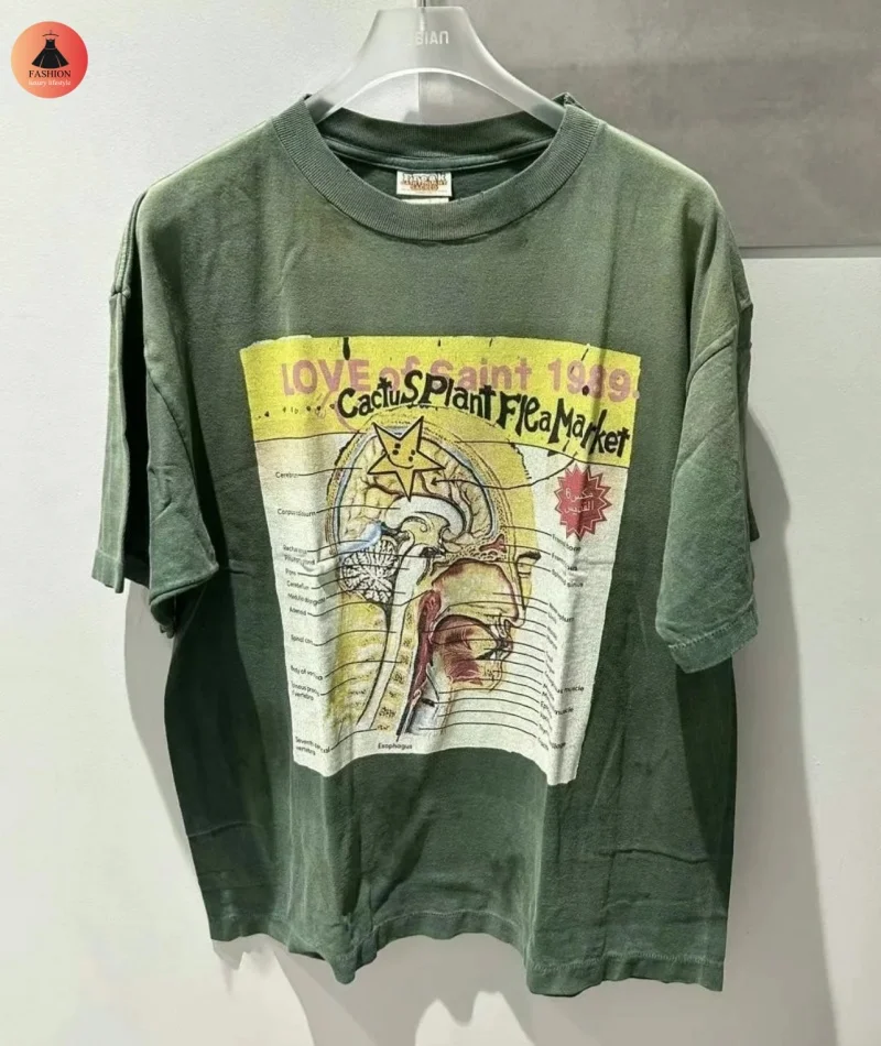 

Light Luxury SAINT Green Washed New T-Shirt Summer 25FW Crew Neck Loose Brand Digital Print Short Sleeve T-Shirt