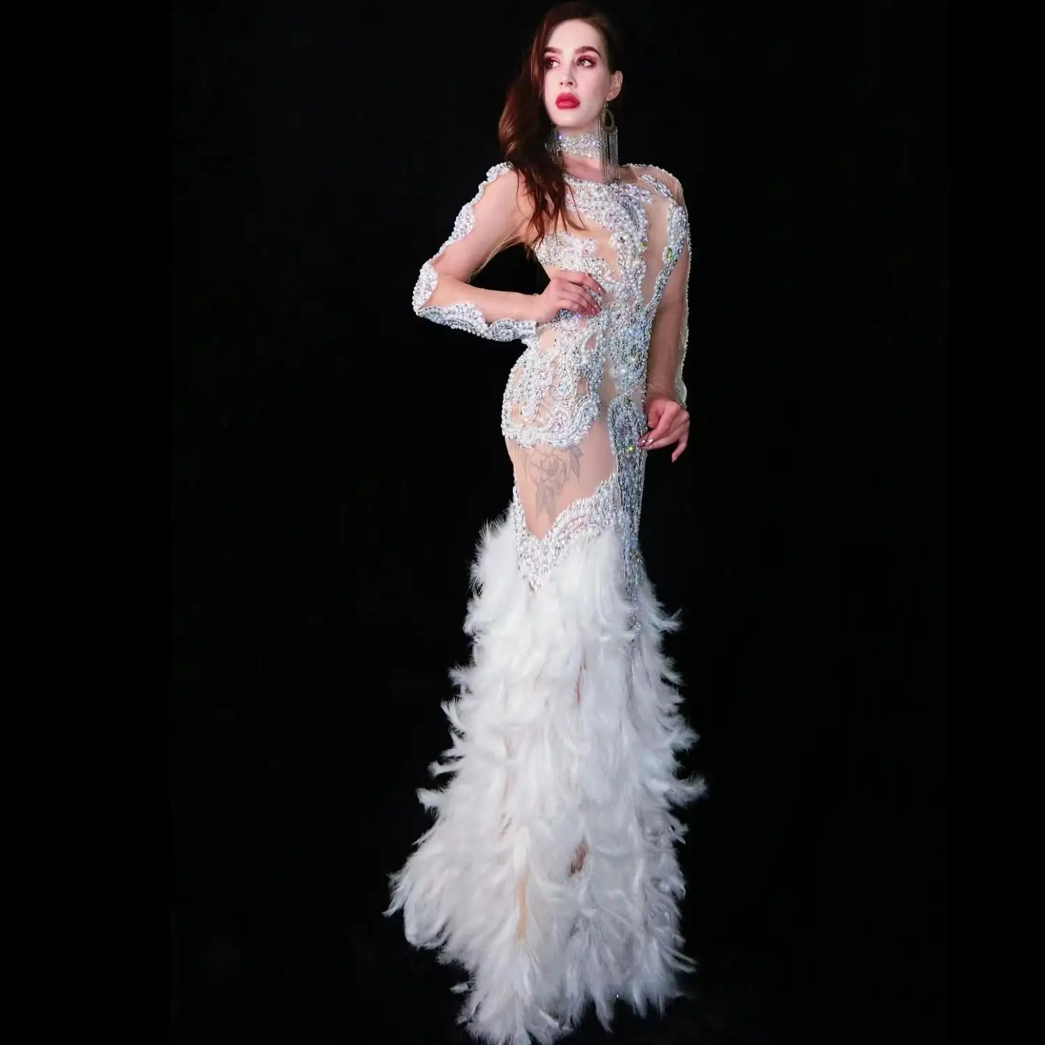 White Rhinestone Pearl Feather High Split Dresses Long Dress Prom Birthday Party Dress Women Stage Performance Clothes Baizhubao