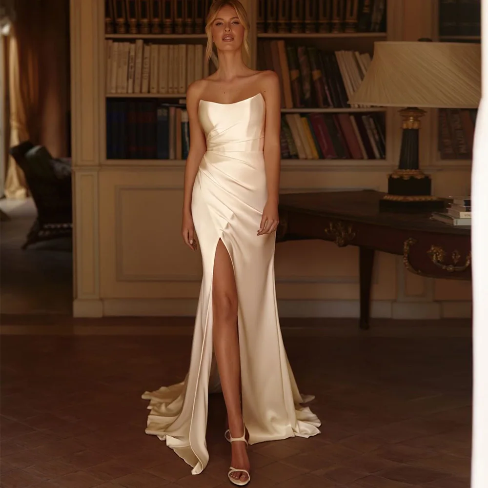 

Modern Strapless Side Slit Wedding Dress Customized Elegant Mermaid Sleeveless Vestido De Novia Classic Satin Ruched Bridal Gown