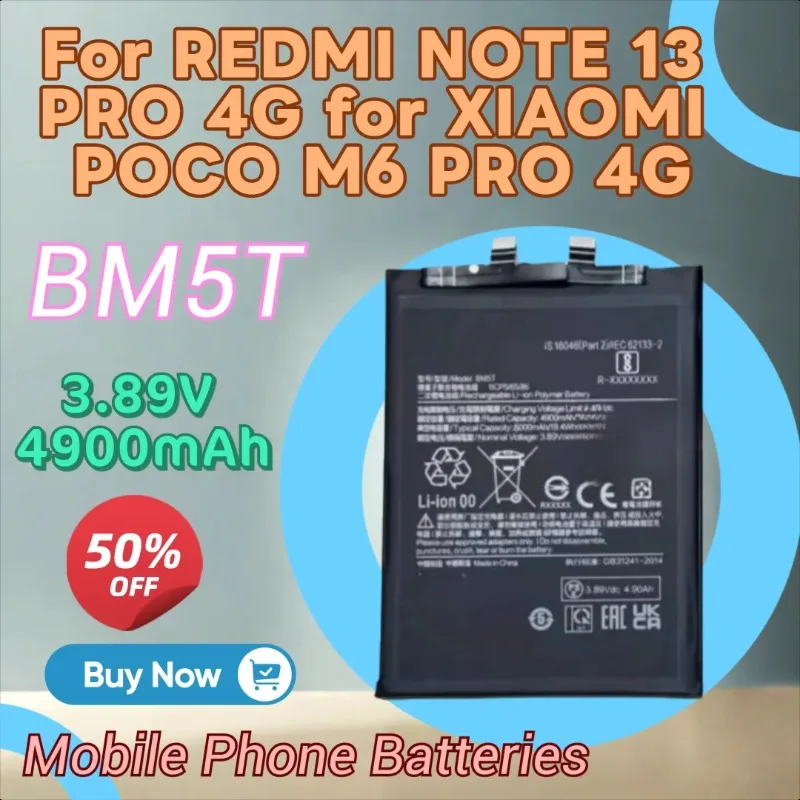 

High Quality New 3.89V 4900mAh Battery BM5T for REDMI NOTE 13 PRO 4G for XIAOMI POCO M6 PRO 4G