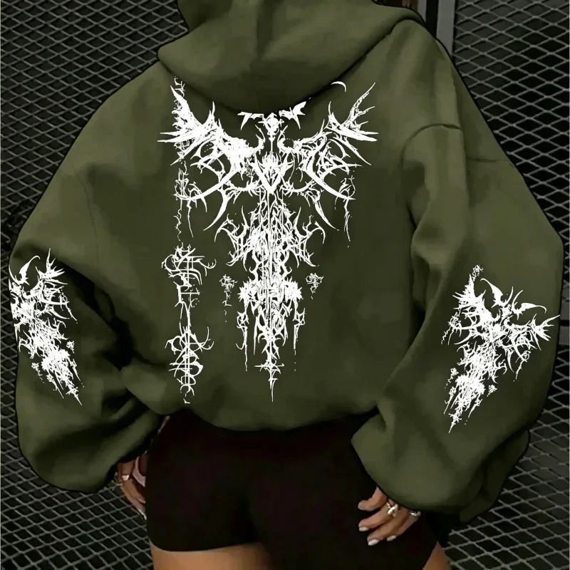 2026 Subculture Gothic Thorn Demon Wings Print Hooded Sweatshirt American Streetwear Oversized Punk Jacket