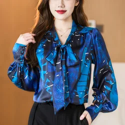 Vintage Printed V-Neck Button Lace Up Bow Shirts Women's Clothing 2023 Autumn Winter Loose All-match Tops Lantern Sleeve Blouses