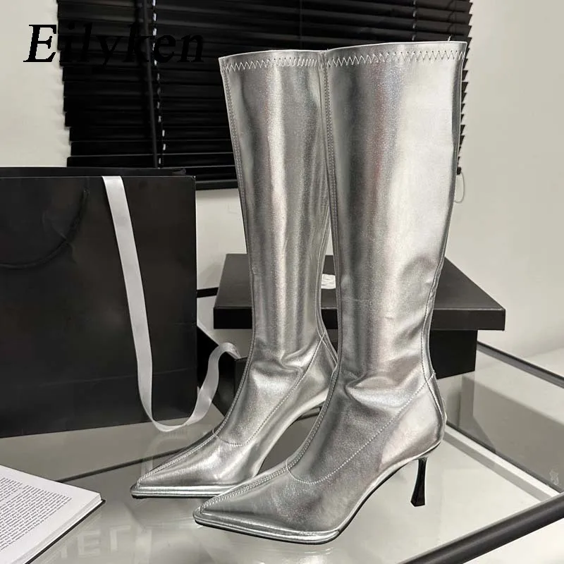 Eilyken 2024 Silver Pointed Toe Women Knee-High-Boots Sexy Zipper Thin High Heels Long Stretch Ladies Modern Footwear