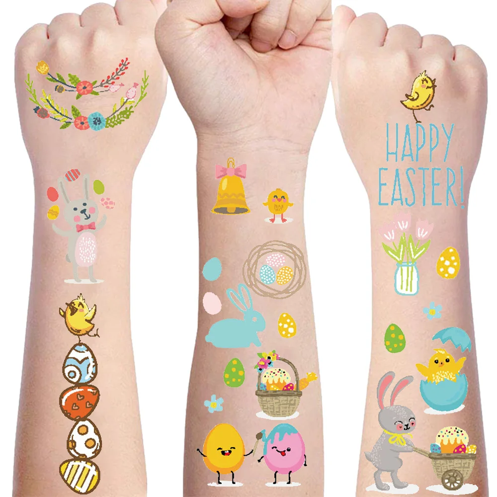 10 Sheets Easter Temporary Tattoos for Kids Easter Bunny Egg Chick Baskets Cute Tattoo Sticker Face Body Fake Tattoos Decoration