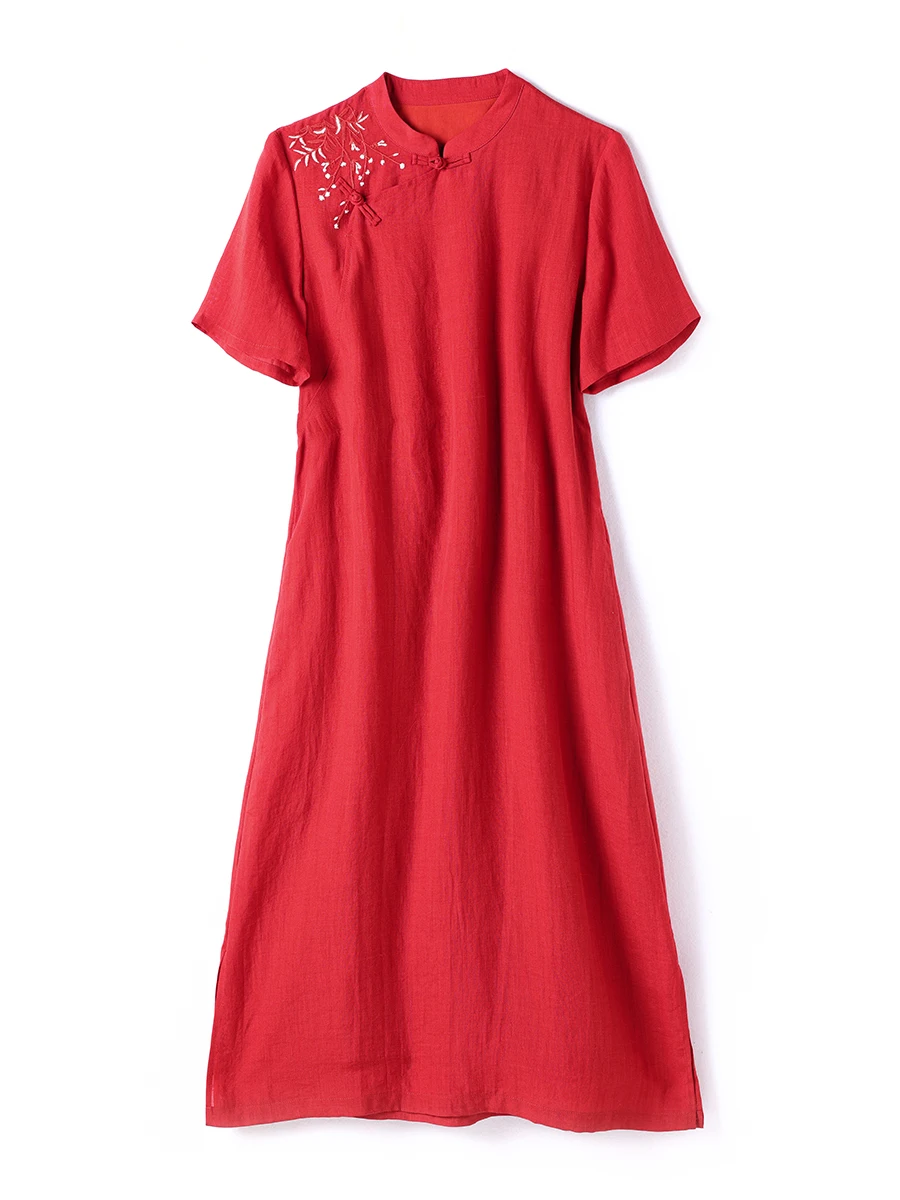 Abito da Sposa Cinese in Seta Rossa con Ricami e Bottoni, Nuovo Design Primavera-Estate