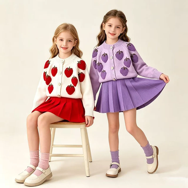 Autumn Winter Girls Sweater Clothing Set Strawberry Print Single Breasted Knitted Coat+Skirt 2Pcs For 2-6Y Girls Fashion Suit