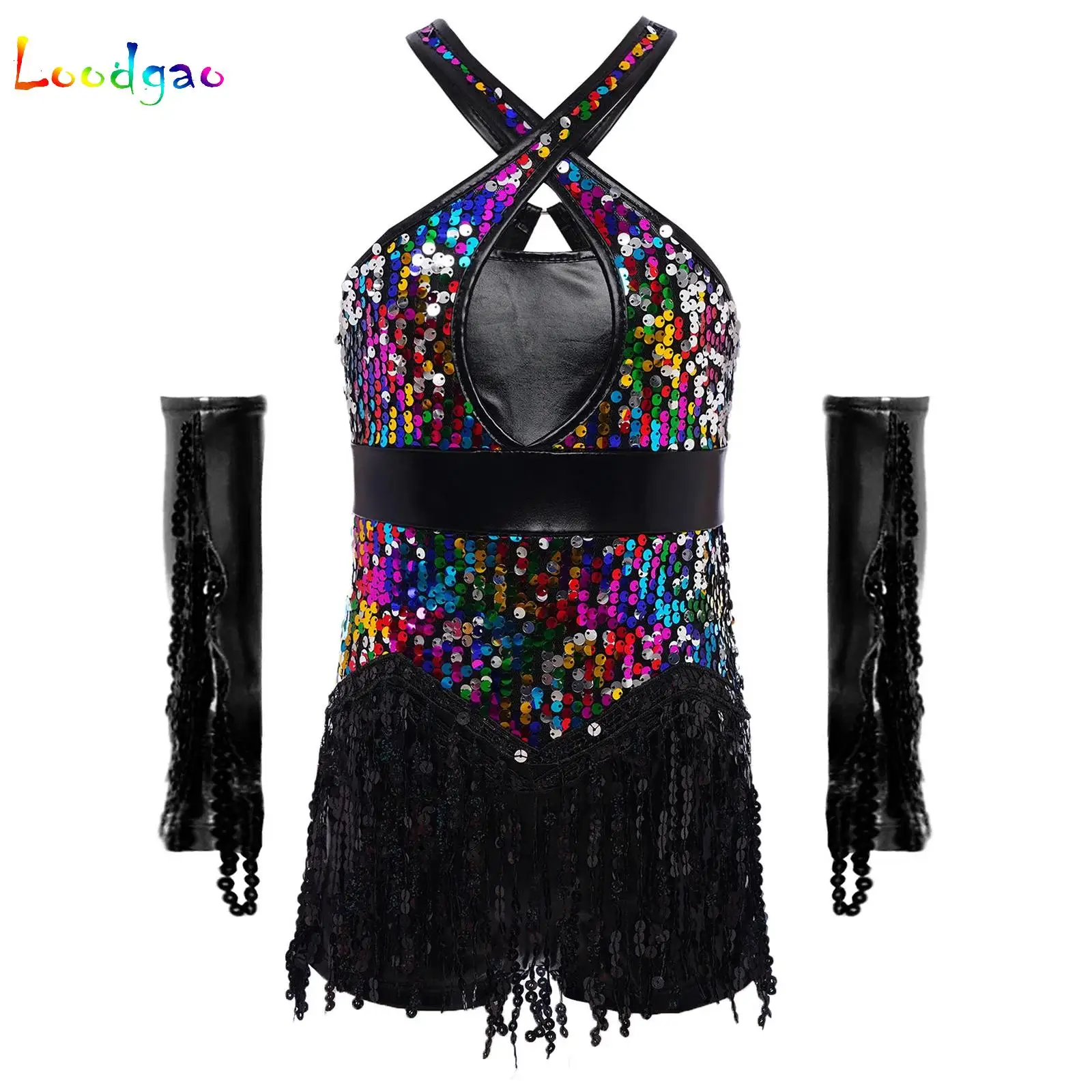 Kids Girls Latin Dance Sparkly Sequins Tassel Leotard with Gloves Jazz Hip Hop Figure Skating Cha-Cha Performance Costume Set