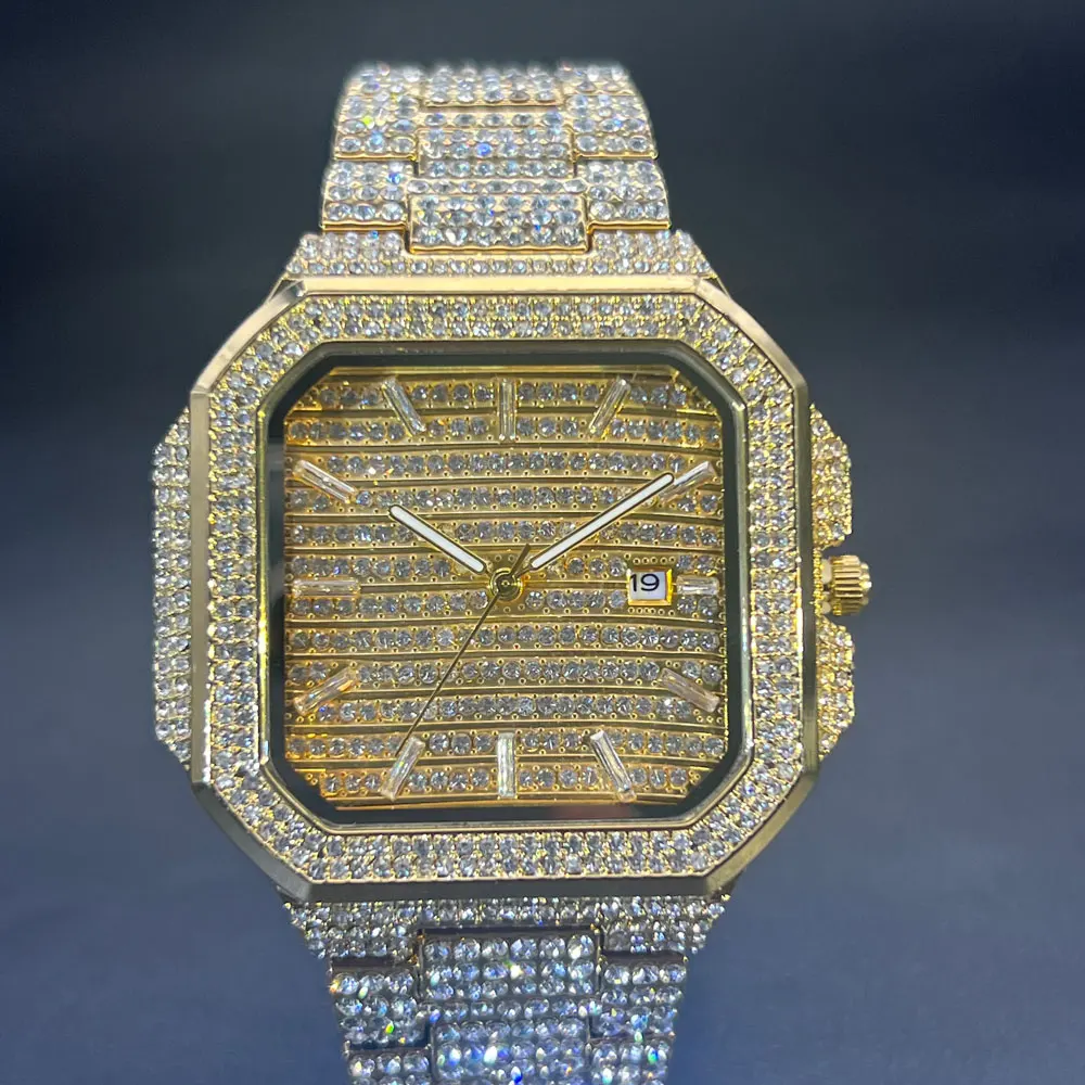 MISSFOX Watch For Men Luxury Gold Square Men's Wristwatch Alloy Strap Full Diamond Business Quartz Watch For Man Clock Gifts