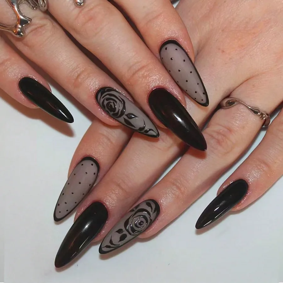 

24Pcs Black Rose Black Smudge Press On Nails Elegant Fake Nails for Women Daily Wear