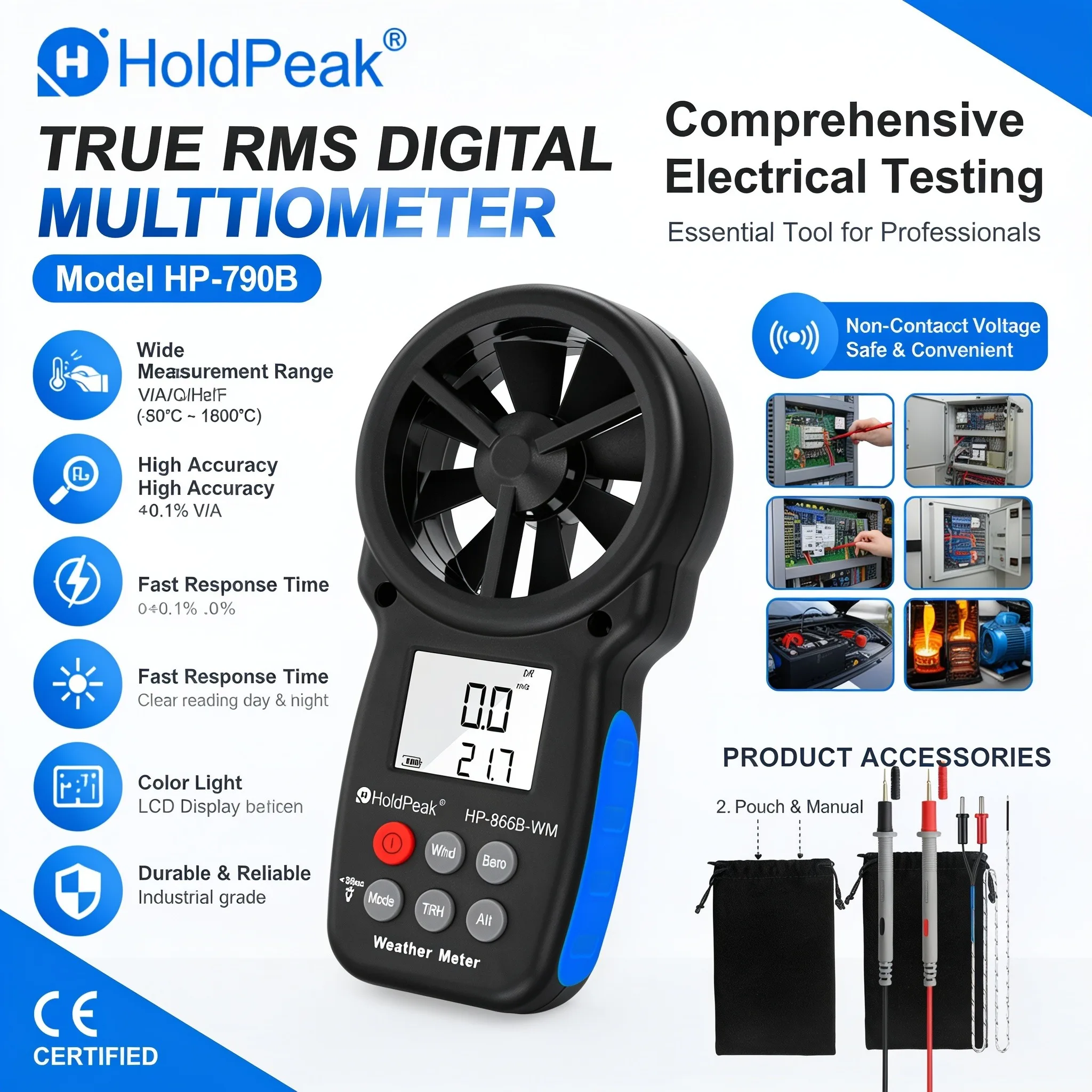 HoldPeak 866B-WM Anemometer 8-Blade Wind Meter Bluetooth App Barometer Altimeter Temp Dual Sensor Backlight for Outdoor
