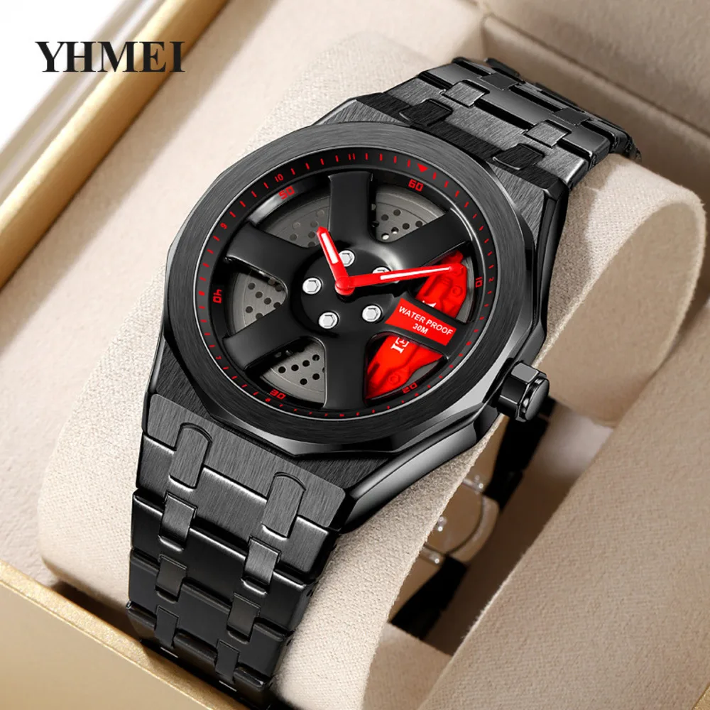 Wheel hub men\'s watches fashionable design stainless steel waterproof creative cool motorcycle style quartz watch for men