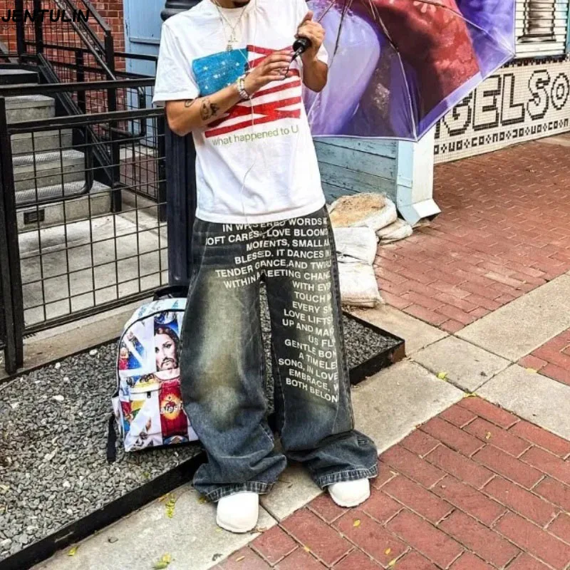 الأمريكية الرجعية منقوشة الأبجدية الرجال الجينز شخصية الشارع الملابس Y2K القوطي ملابس للرجال النساء بانت سراويل تقليدية الموضة #2