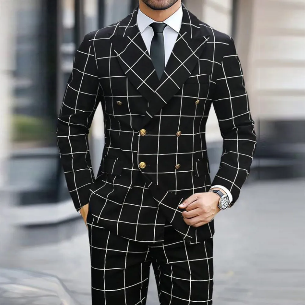 Homens preto negócios xadrez ternos de verificação fino ajuste duplo breasted noivo smoking 2 pçs define homem elegante blazer traje de hombre elegante