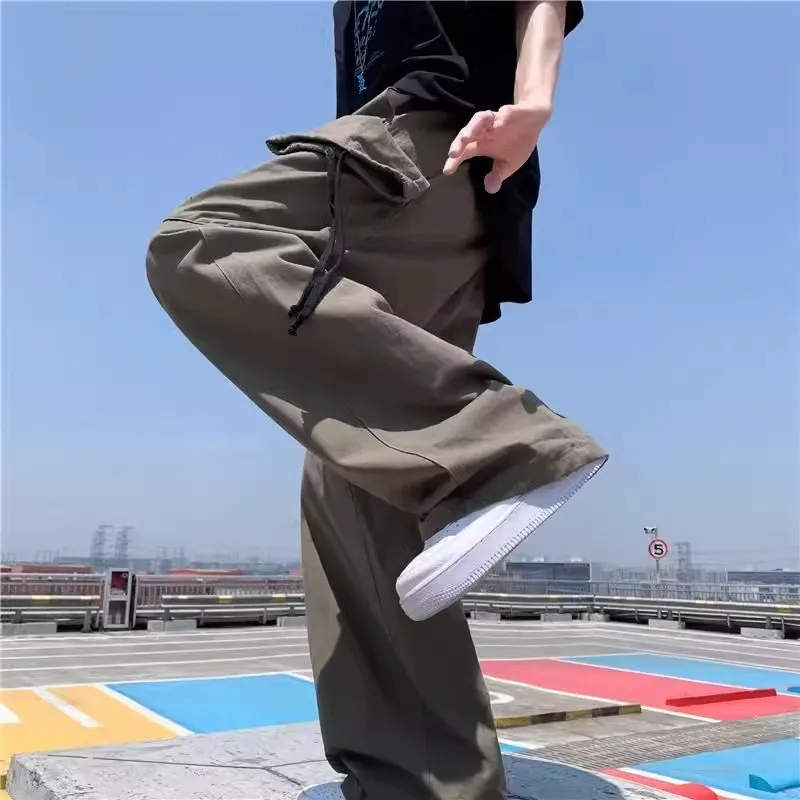 REDDACHIC Hiphop Men Drawstring Cargo Pants Elastic Waist Big Pockets Skater Wide Leg Casual Pants Trousers Harajuku Streetwear