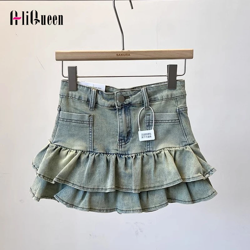 

Summer Streetwear Women Vintage Sweet Ruffles Jean Y2k Shorts Casual Hight Waist Blue A-Line Mini Kawaii Denim Shorts Skirts