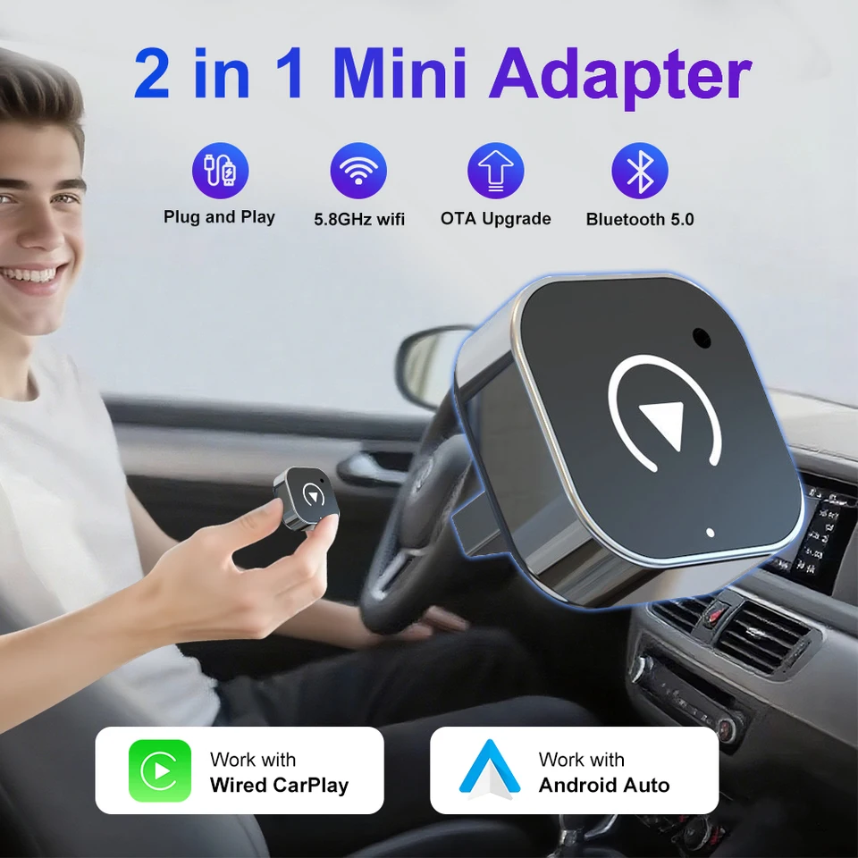2026 2in1 CarPlay/안드로이드 오토 어댑터 유선에서 무선으로 변환하는 동글 (애플 & 안드로이드용) 플러그 앤 플레이 범용 자동차 액세서리 최신 제품