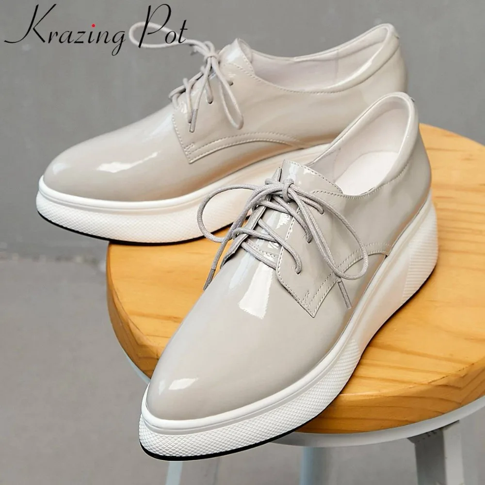 Krazing Pot New Fashion Genuine Leather Lace Up Sneakers Thick High Bottom Platform Daily Wear Increased Vulcanized Shoes L9f1