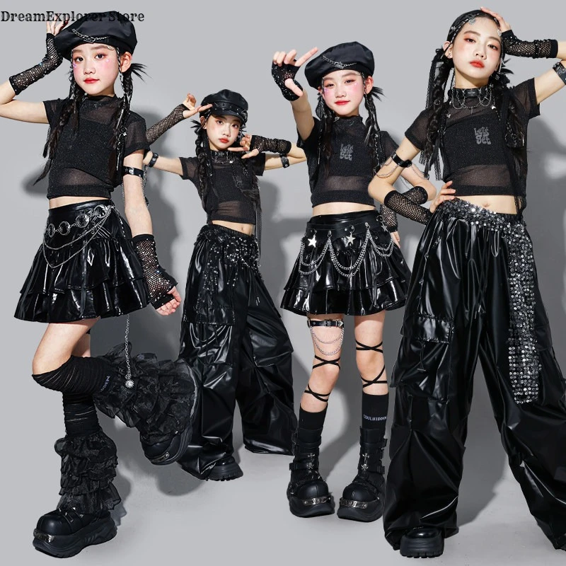 Girls K-pop Chiffon Crop Top Cargo Pants Shiny Street Dance Skirt Kids Hip Hop Jazz Costumes Clothes Sets Children Streetwear