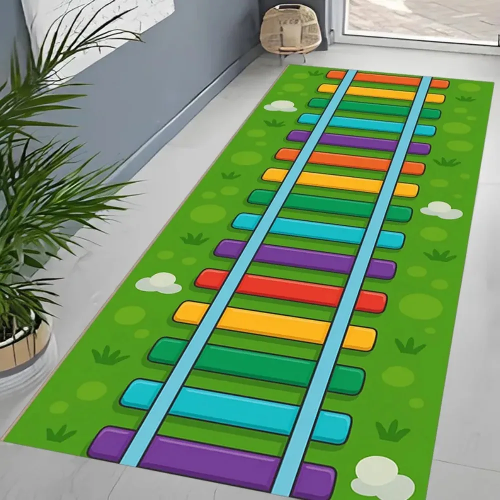 Rainbow Train Track Rug Fun Kids Playroom Carpet Nursery Decor Bedroom Bedside Hallway Living Room Porch Balcony Floor Mat Decor