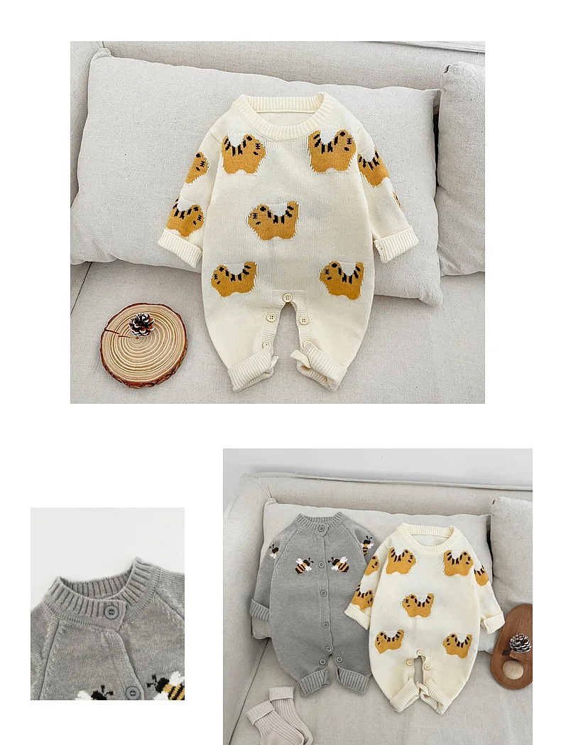 ZOETOPKID Neugeborenen-Babykleidung Frühling Herbst Strampler Jungen- und Mädchenpullover Einteiler Niedliche Cartoon-Strick-Kletterkleidung – Detail 3