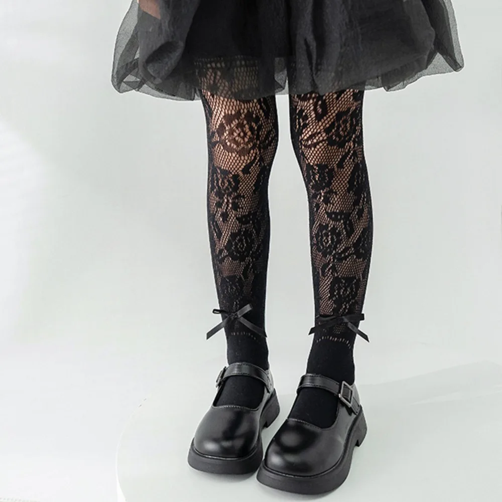 Children Mesh Hollow Flower Pantyhose Tights Girls Ballet Style Bow Stockings Jacquard Lolita Princess Kids Summer Thin Tights