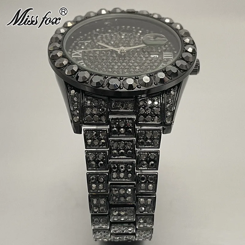 MISSFOX Cool Black Iced Watch For Men Fashion Stainless Steel Quartz Clocks Man Hip Hop Diamond WristWatch Reloj Free Shipping