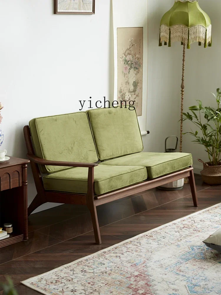 

V5.9 Leisure Bench Nordic Retro Black Walnut Solid Wood Fabric Three-Seat Sofa