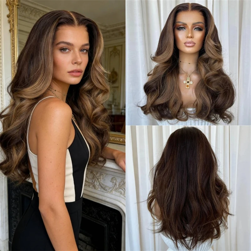 Soft Ladies Wig Long Length Wave Lace Top Wig Ombre Brown Blonde Synthetic Lace Front Wig Preplucked Hairline with Baby Hair