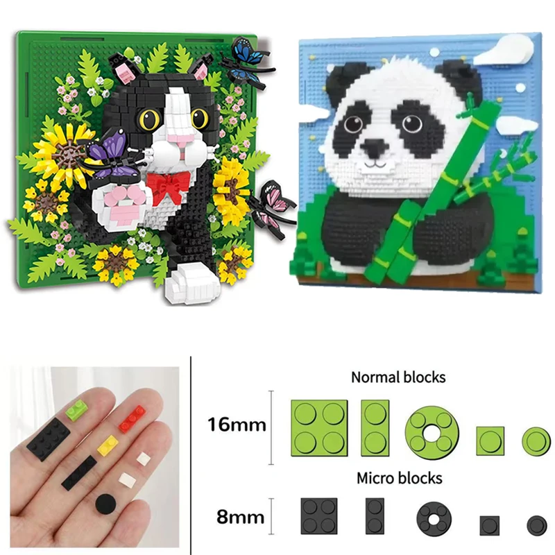 

New Creative Wall Art Frame Sharks Panda Cat Model Brick DIY Micro Animal Particle 3D Painting Building Block Toys Adults Gift