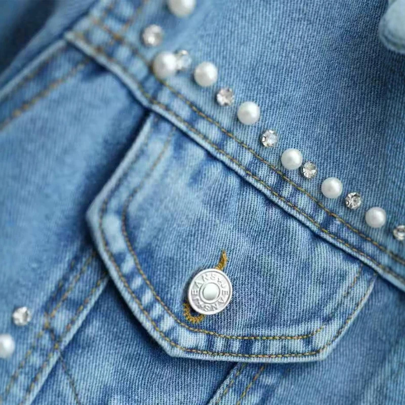 Veste en jean pour femme, printemps-automne, diamants, perles, col rabattu, simple boutonnage, coupe ample, nouvelle veste décontractée polyvalente pour femme