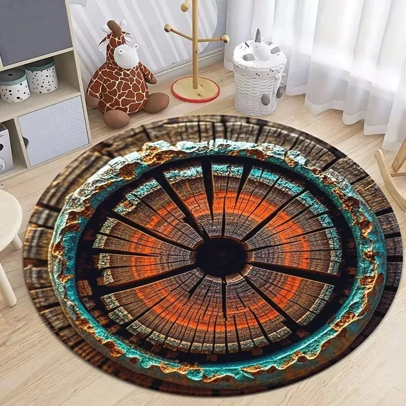 Natural Retro Tree Ring Slice Round Rug Collection Colorful Wood Grain Pattern Carpet For Living Room Kids' Room Decor