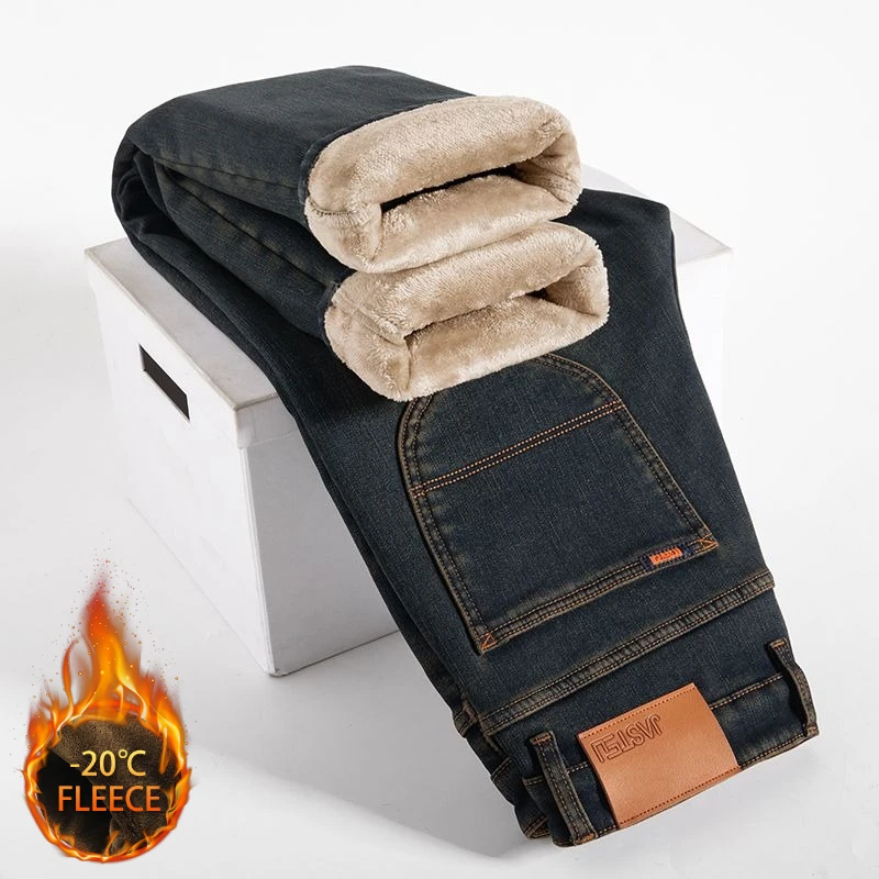 Winter New Fleece-lined Thickened Men's Jeans Cold-Resistant Stretch FleeceSlim Fit Straight All-Matching Antifreeze WarmPlush