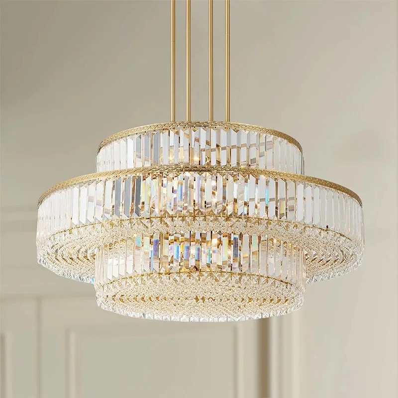 Modern Elegant Gold Three Tier Rectangular Crystal Prism Pendant Ceiling Light for Dining Living Room Sunroom Interior Decor.