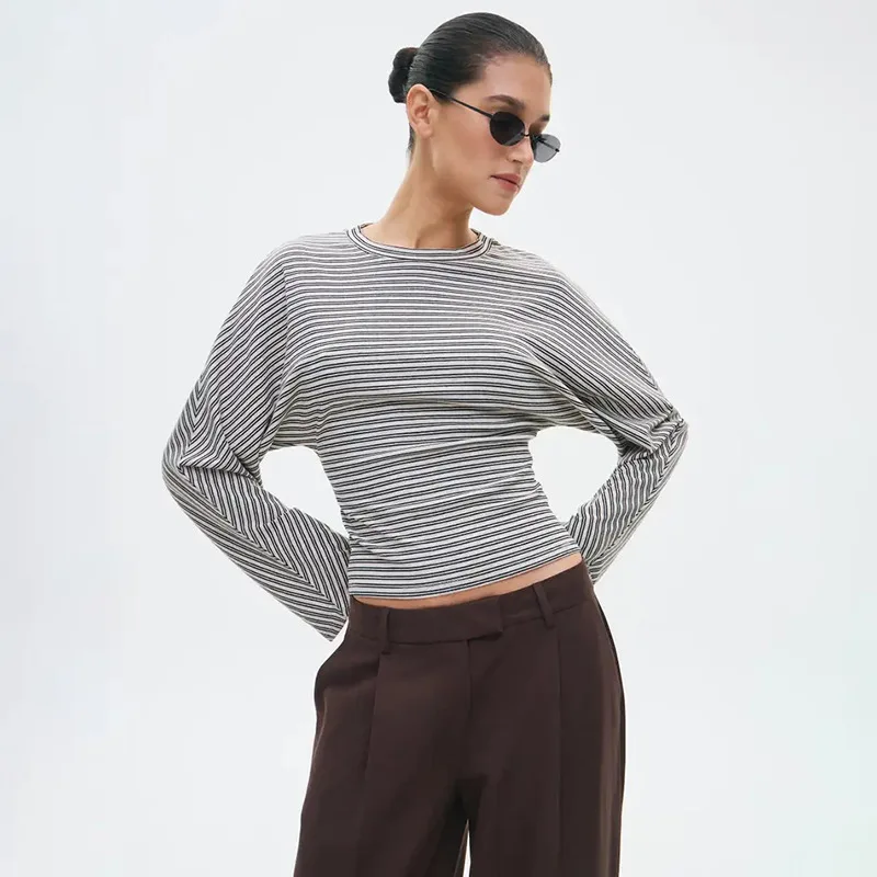 New Item Versatile Striped Waist Cinching Short Sleeved T-shirt Top American Style Fashionable Women Clothing 2026 Spring Autumn