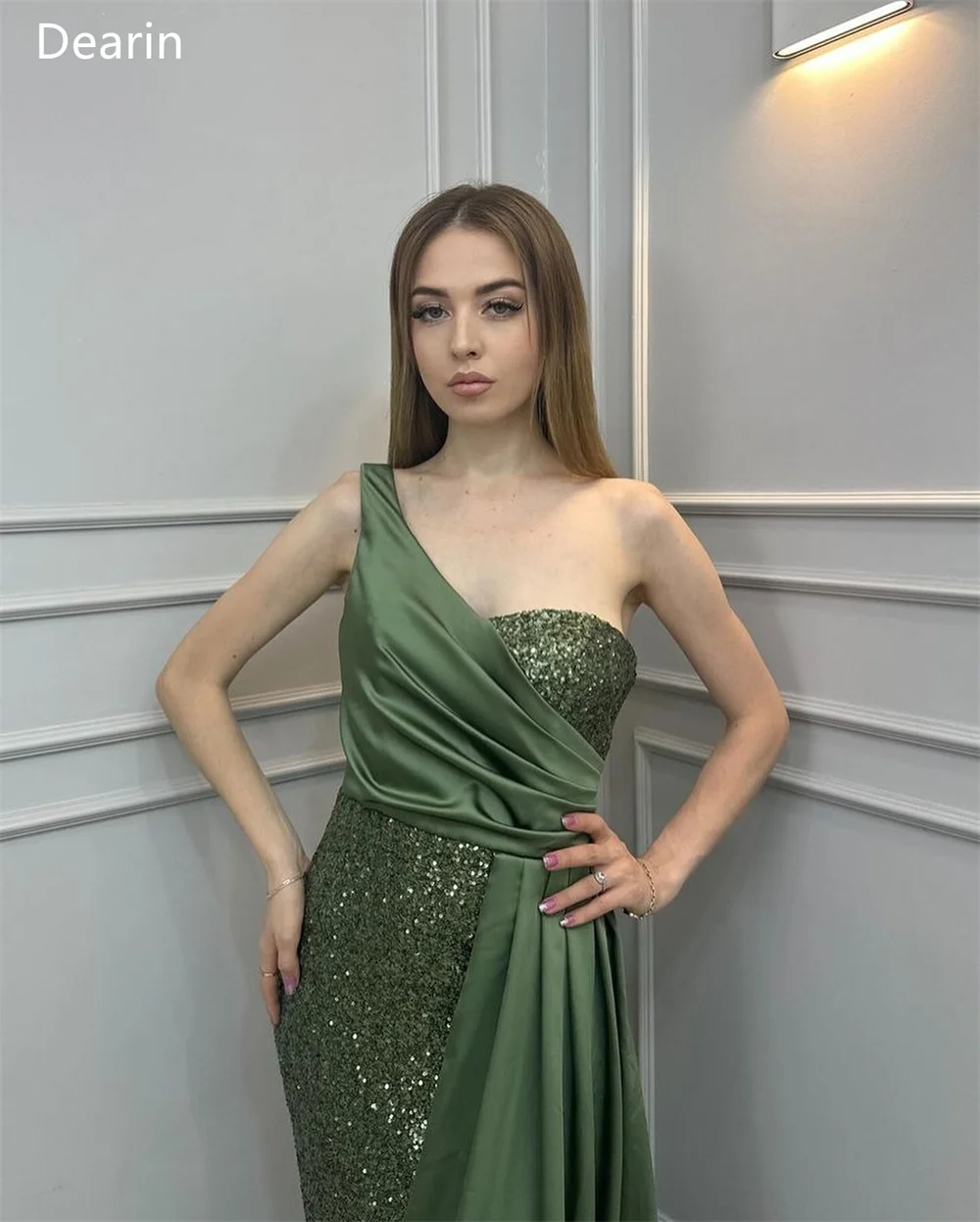 Customized Women Prom Gown Formal Dearin One Shoulder A-line Floor Length Sequin Skirts Draped Bespoke Occasion Dresses Evening