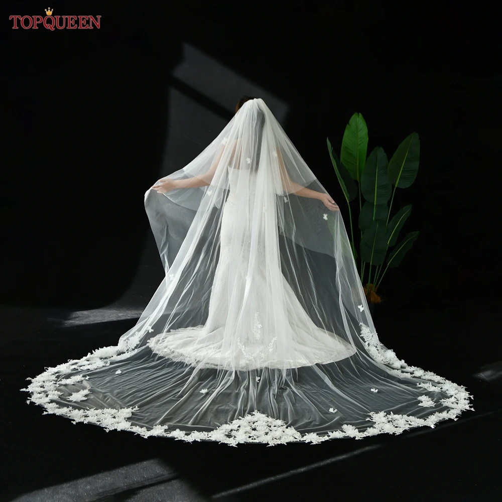 TOPCLS-Voile de Patients EEN V150, Voile de Mariage à Fleurs 3D, Longueur Cathédrale, Dentelle Appliquée, Blanc, Ivoire, Long, Personnalisé