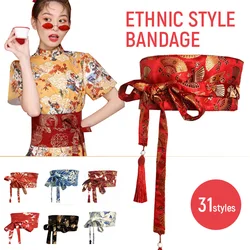10cm Chinese Brocade Tassel Belt Wide Waistband Women Corset Asian Costume Japanese Kimono Belt Yukata Crane Floral Haori Obi